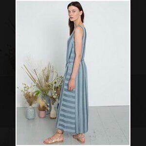 NWT Sita Murt teal blue mixed stripe Sleeveless maxi  dress waist tie size ~LG